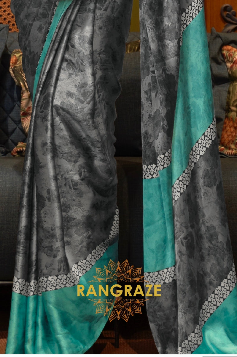 Shades Of Blue And Black Satin Silk Printed Saree