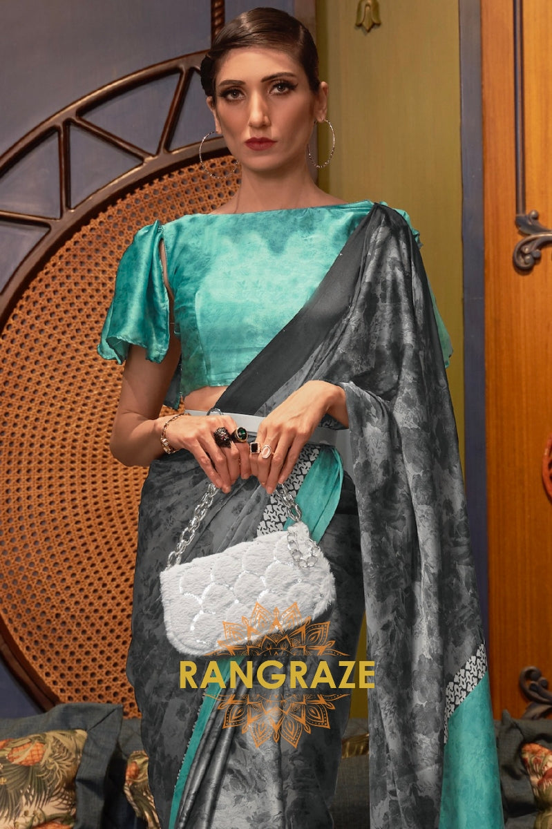 Shades Of Blue And Black Satin Silk Printed Saree