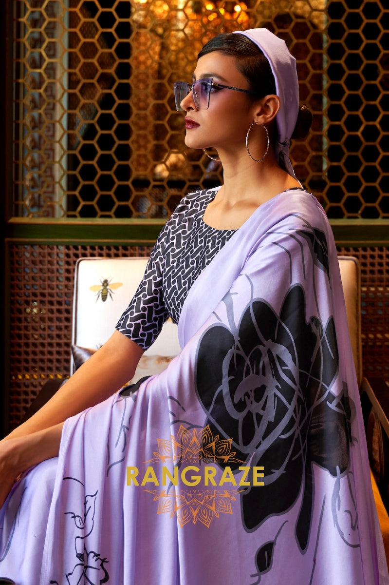 Lavender Lilac Satin Silk Printed Saree