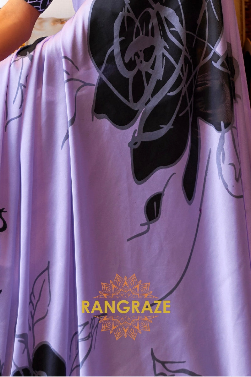 Lavender Lilac Satin Silk Printed Saree
