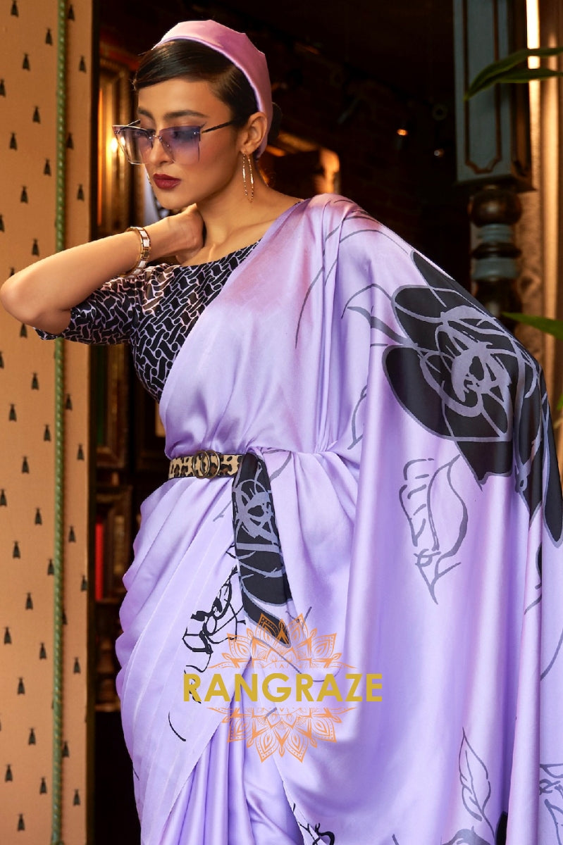 Lavender Lilac Satin Silk Printed Saree