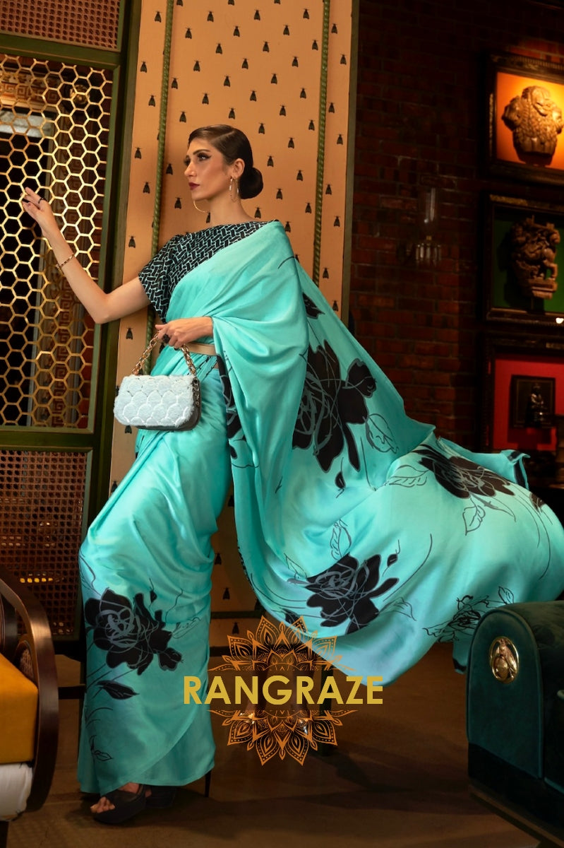 Sea Green Satin Silk Printed Saree