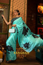 Sea Green Satin Silk Printed Saree