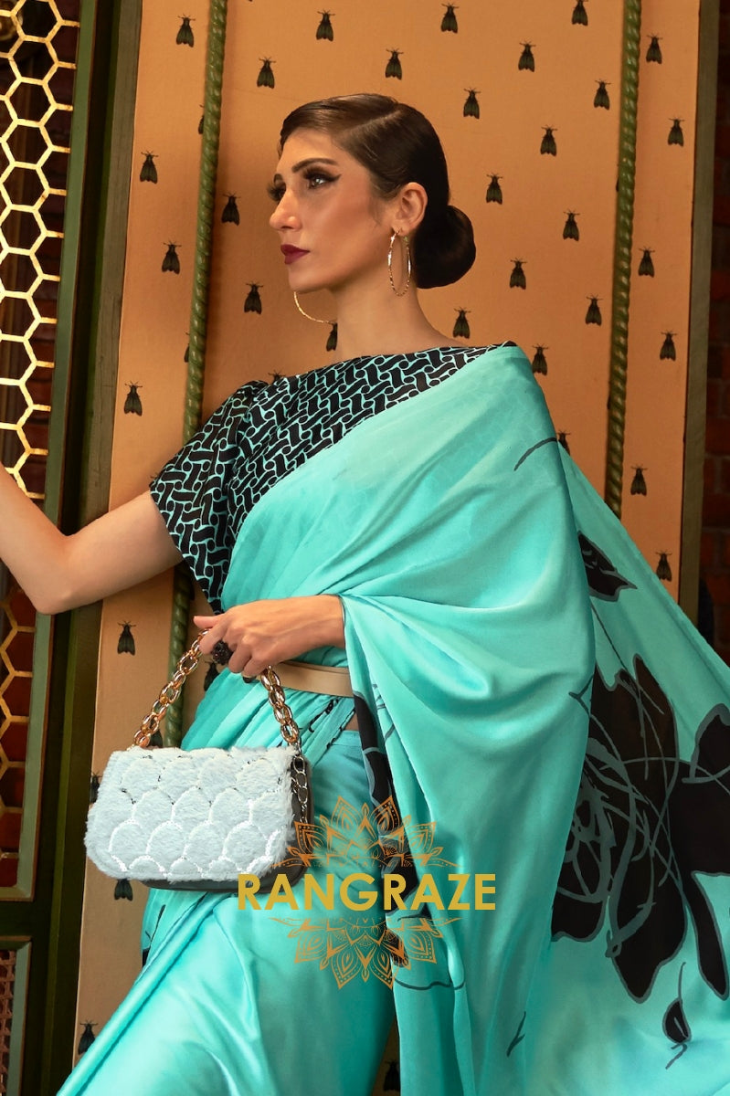 Sea Green Satin Silk Printed Saree