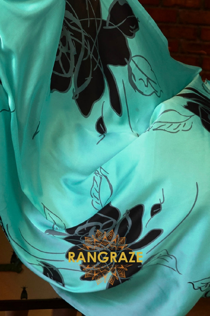 Sea Green Satin Silk Printed Saree