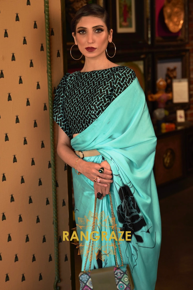 Sea Green Satin Silk Printed Saree