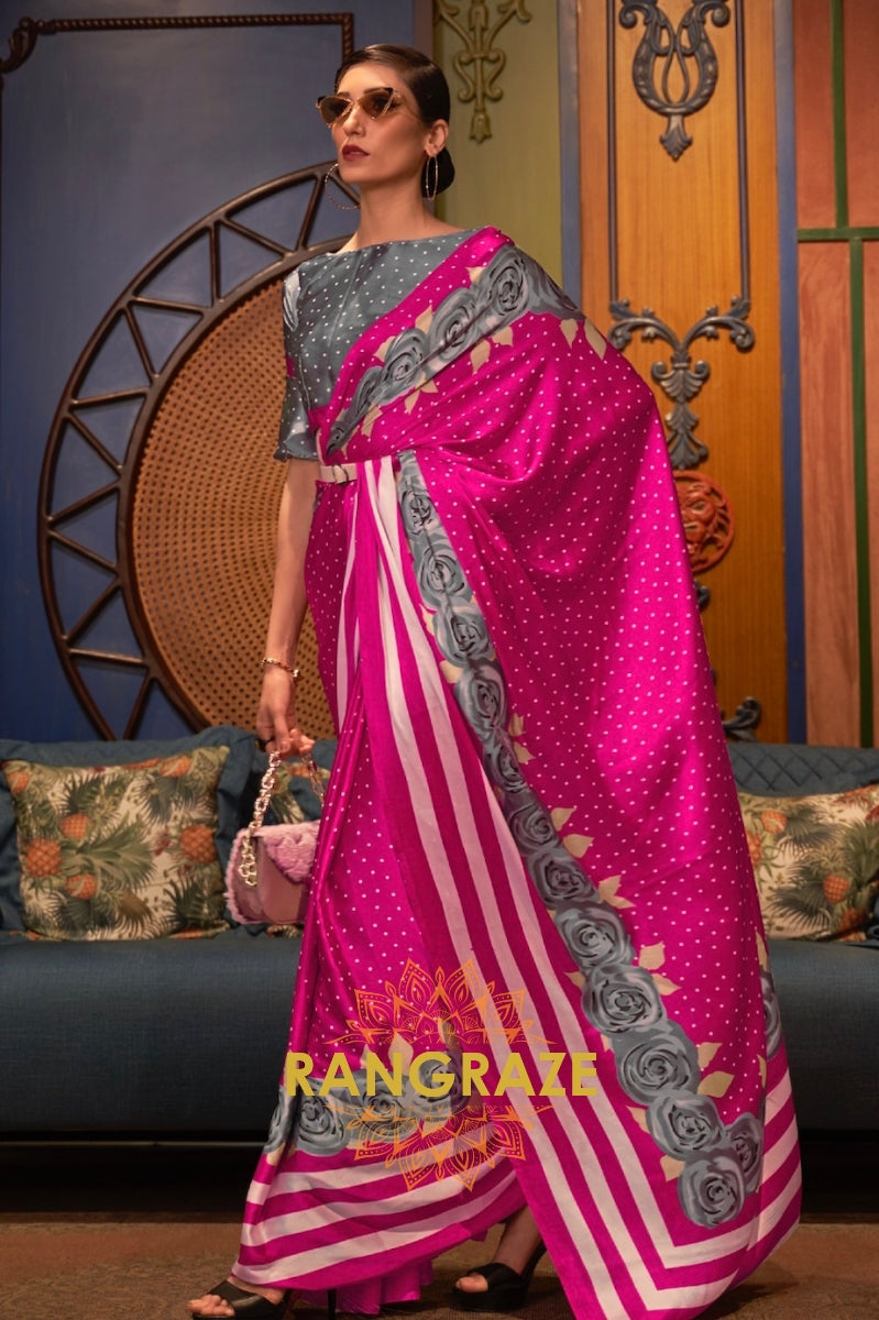 Rani Pink Satin Silk Printed Saree