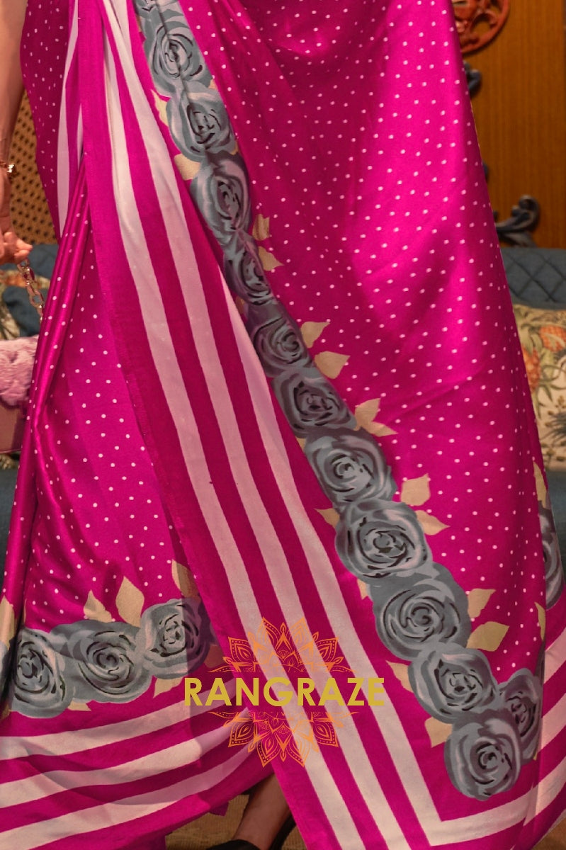 Rani Pink Satin Silk Printed Saree