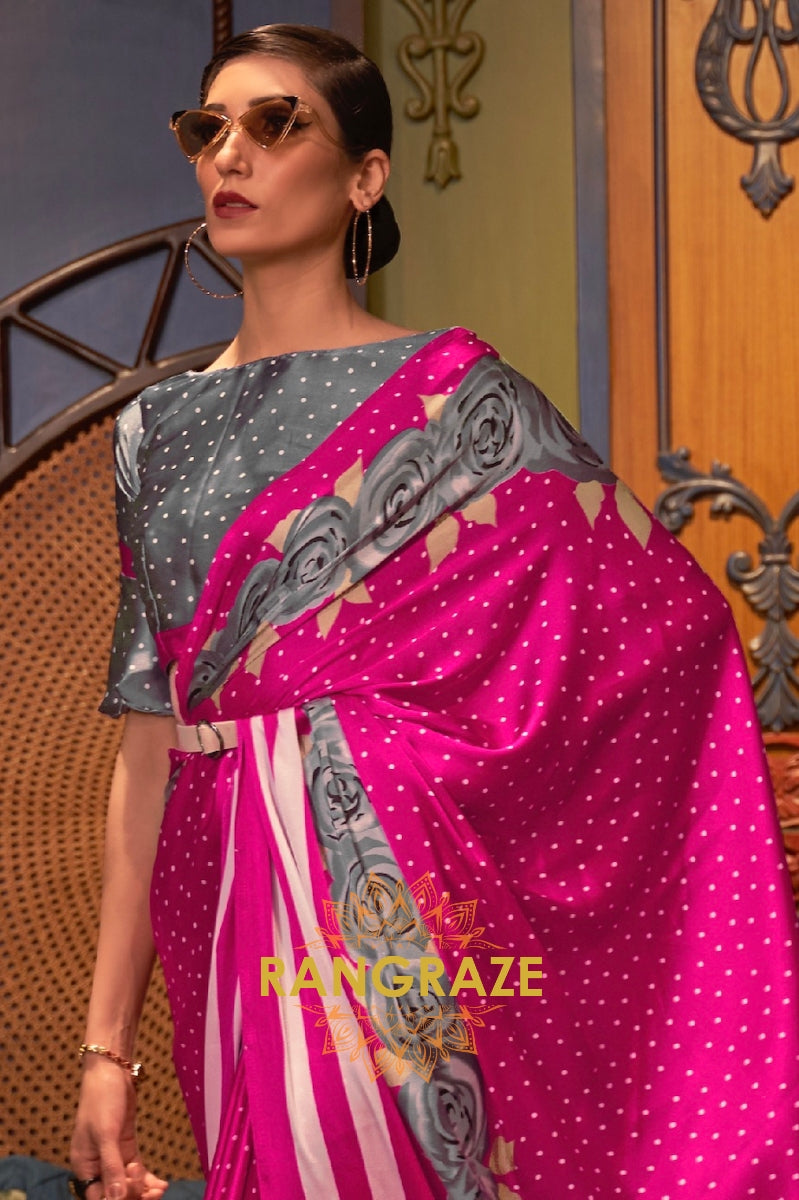 Rani Pink Satin Silk Printed Saree