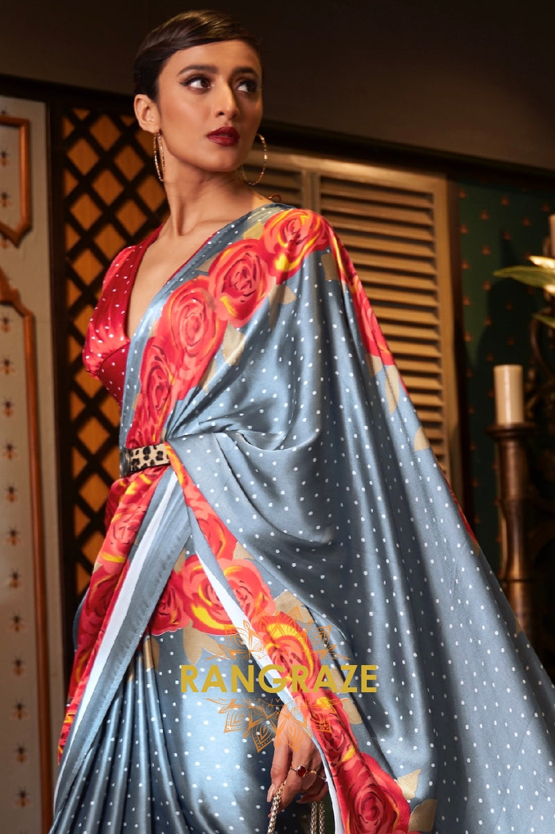 Majestic Grey Satin Silk Printed Saree