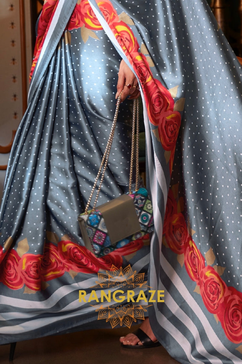 Majestic Grey Satin Silk Printed Saree