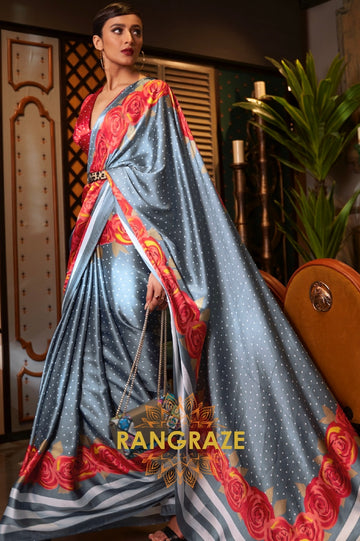 Majestic Grey Satin Silk Printed Saree