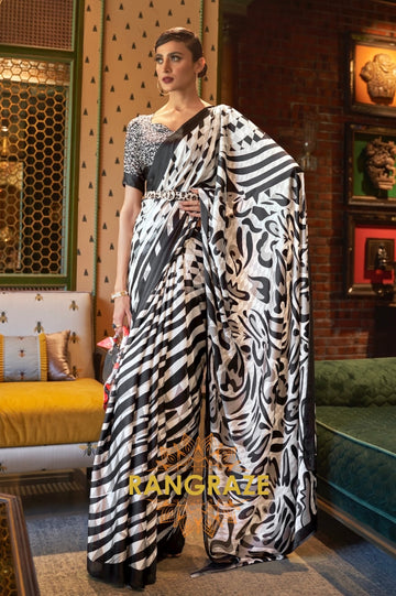 Black White Stripes Satin Silk Printed Saree