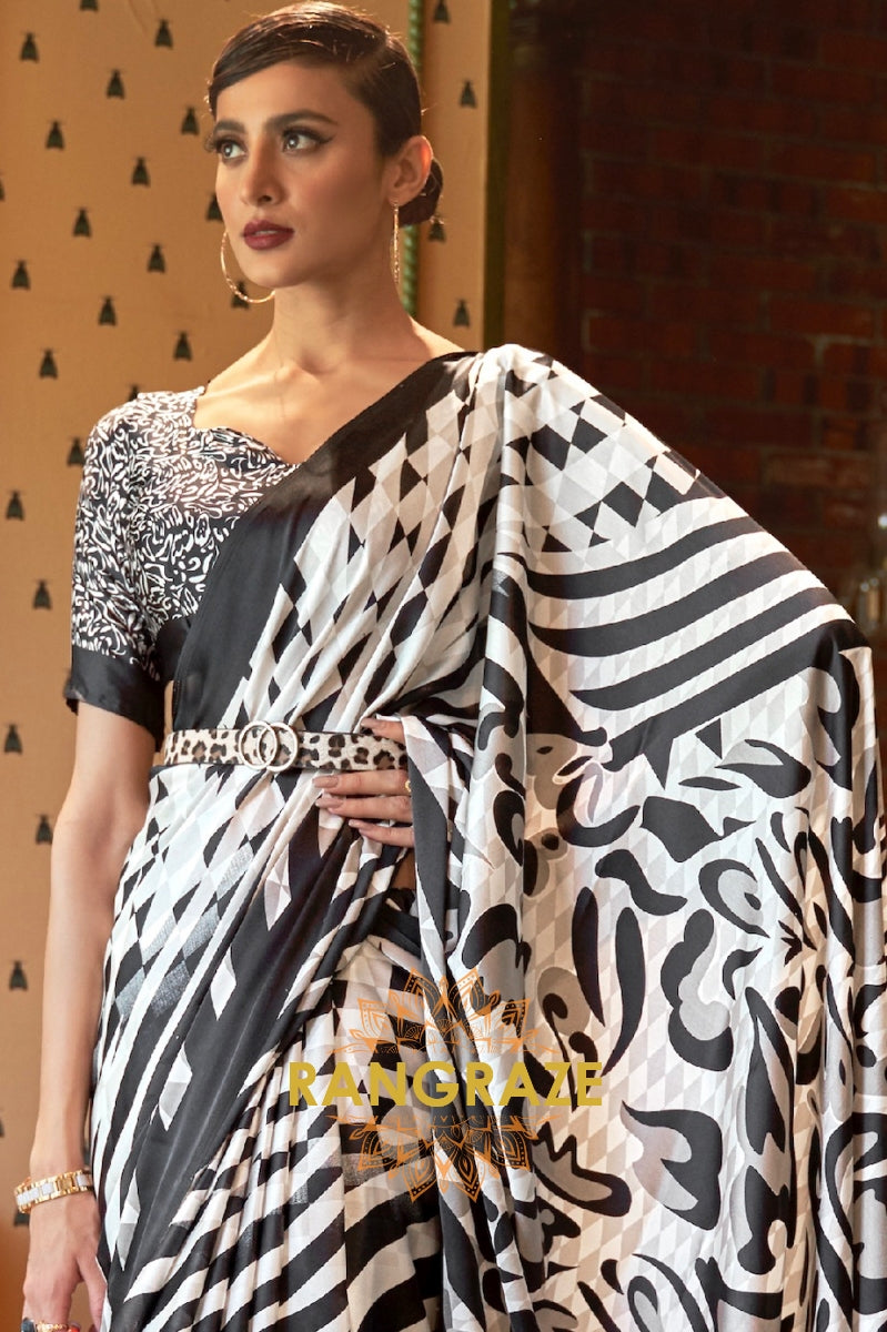 Black White Stripes Satin Silk Printed Saree