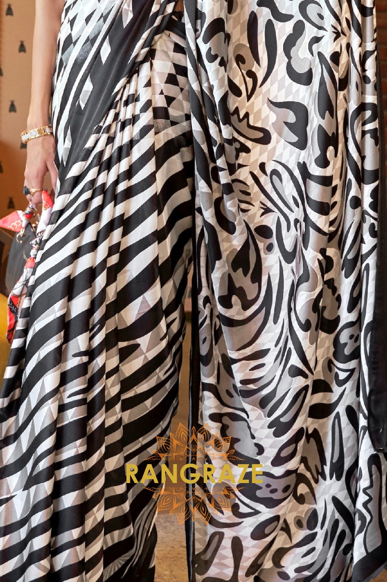 Black White Stripes Satin Silk Printed Saree