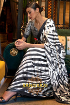Black White Stripes Satin Silk Printed Saree