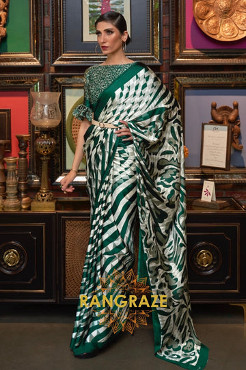 Green White Stripes Satin Silk Printed Saree