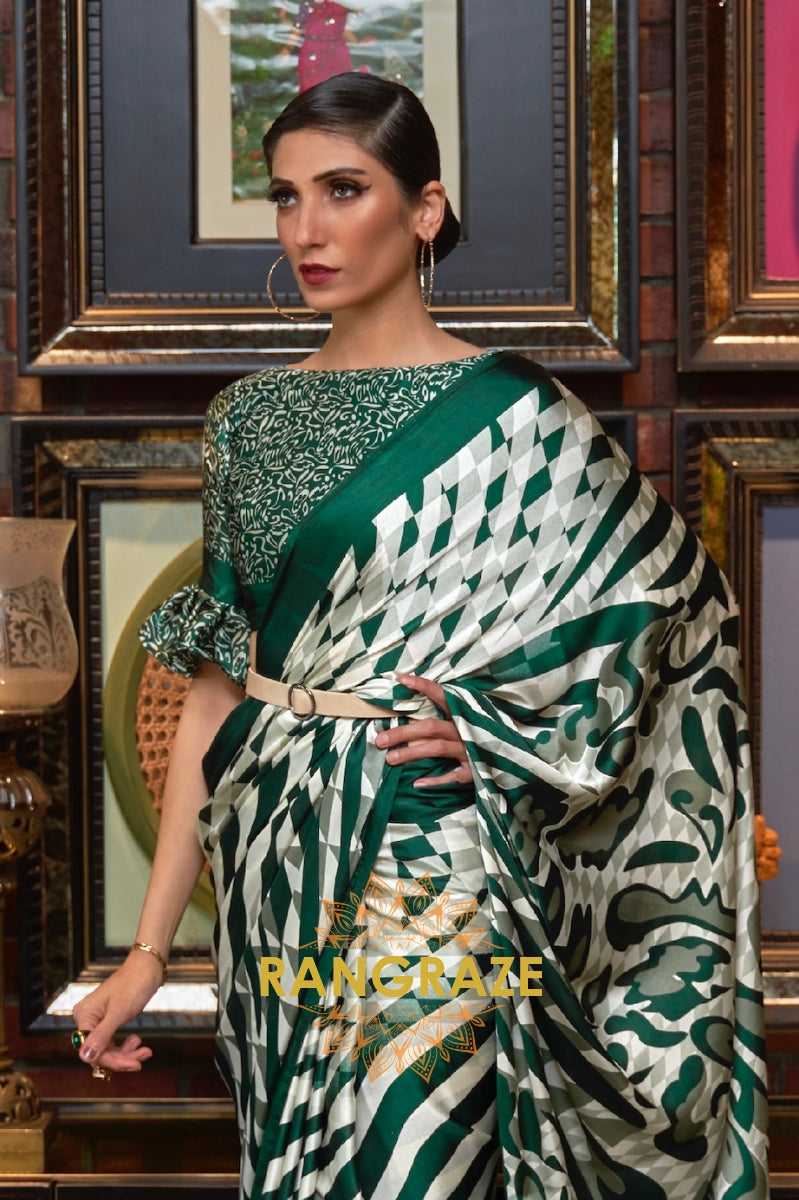 Green White Stripes Satin Silk Printed Saree