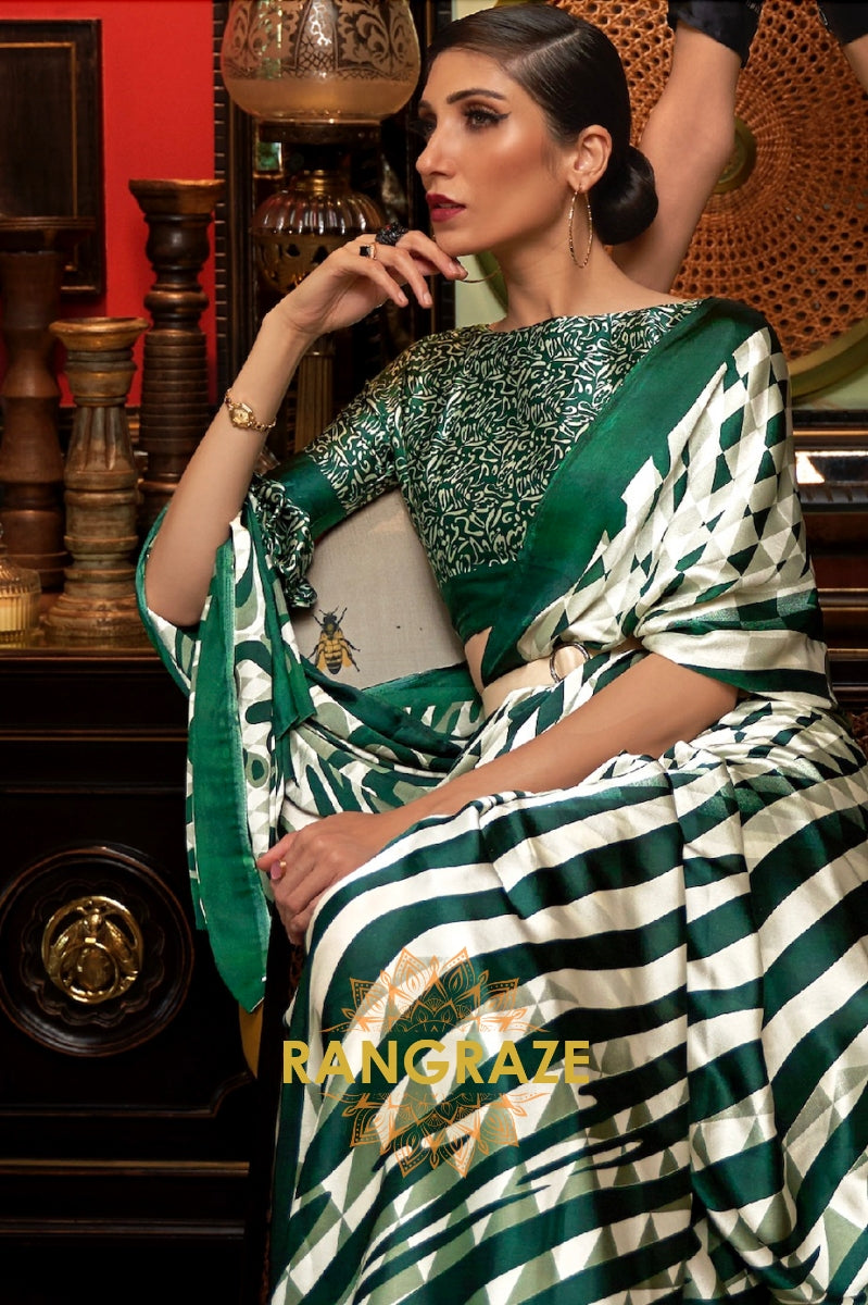 Green White Stripes Satin Silk Printed Saree