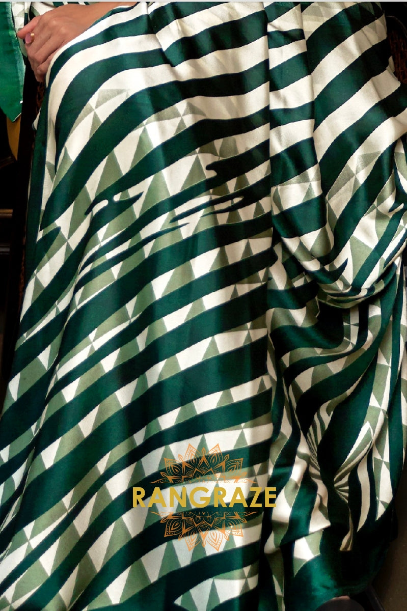 Green White Stripes Satin Silk Printed Saree