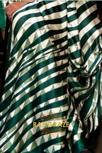 Green White Stripes Satin Silk Printed Saree