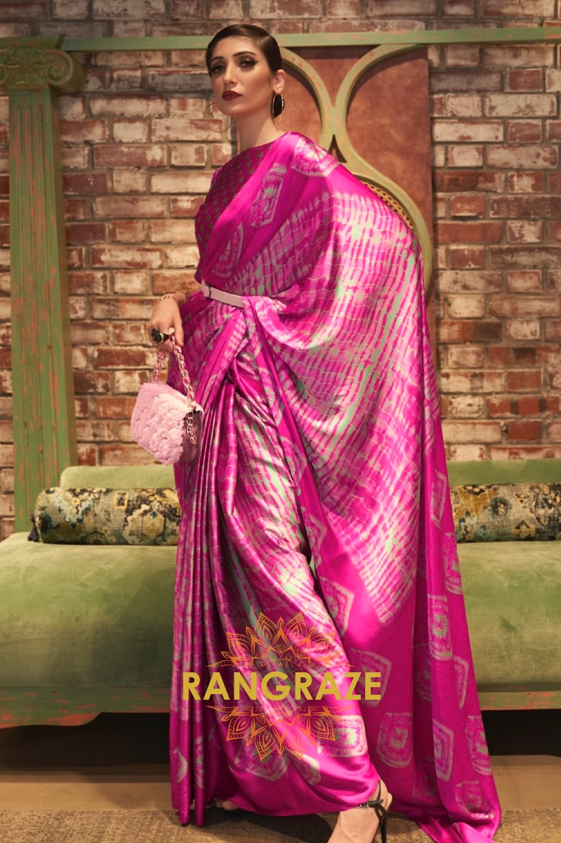 Royal Pink Satin Silk Printed Saree