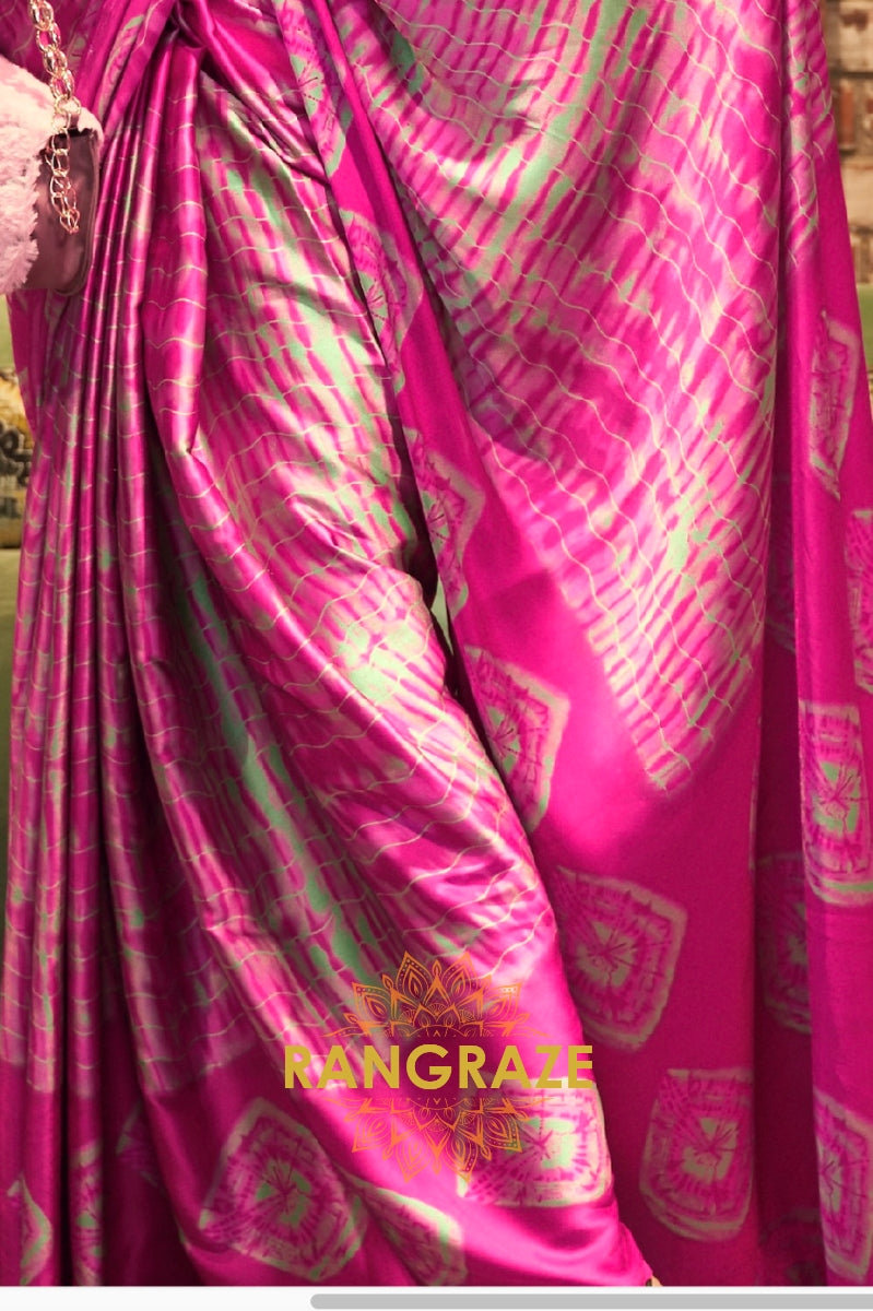 Royal Pink Satin Silk Printed Saree