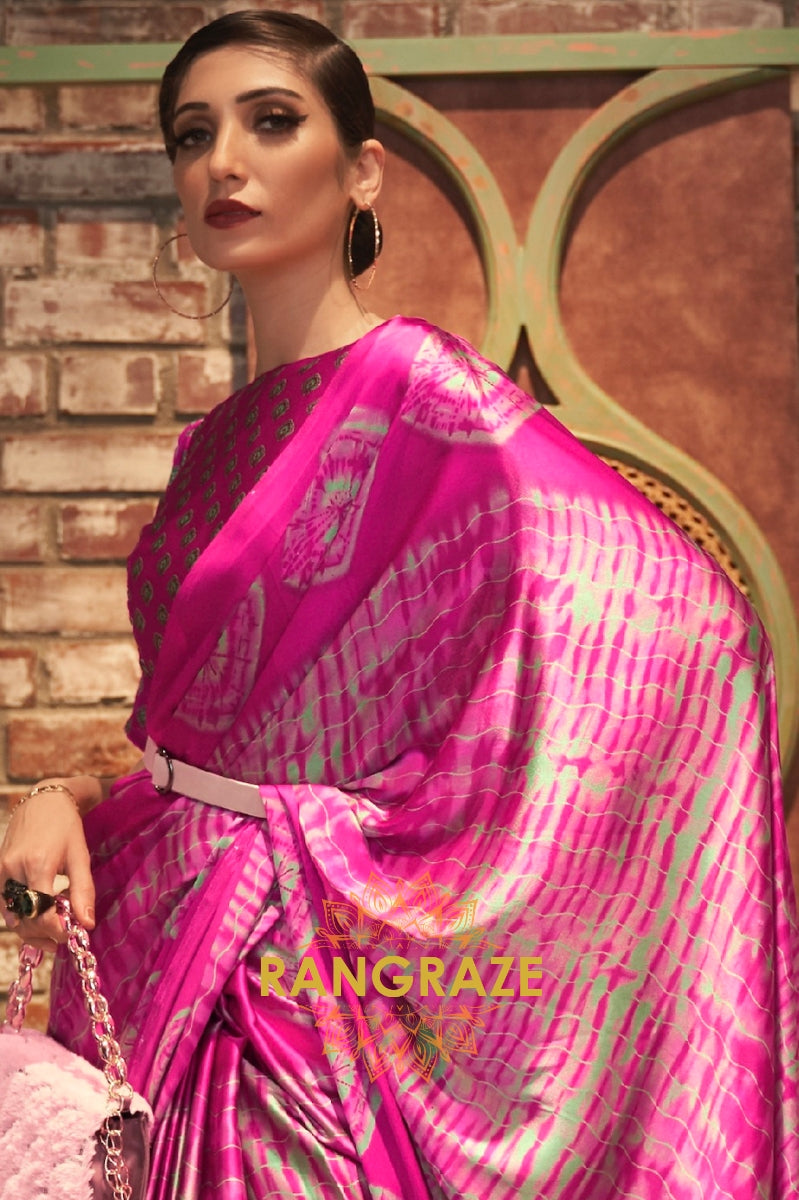 Royal Pink Satin Silk Printed Saree