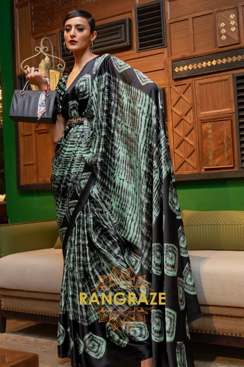 Green Art Satin Silk Printed Saree