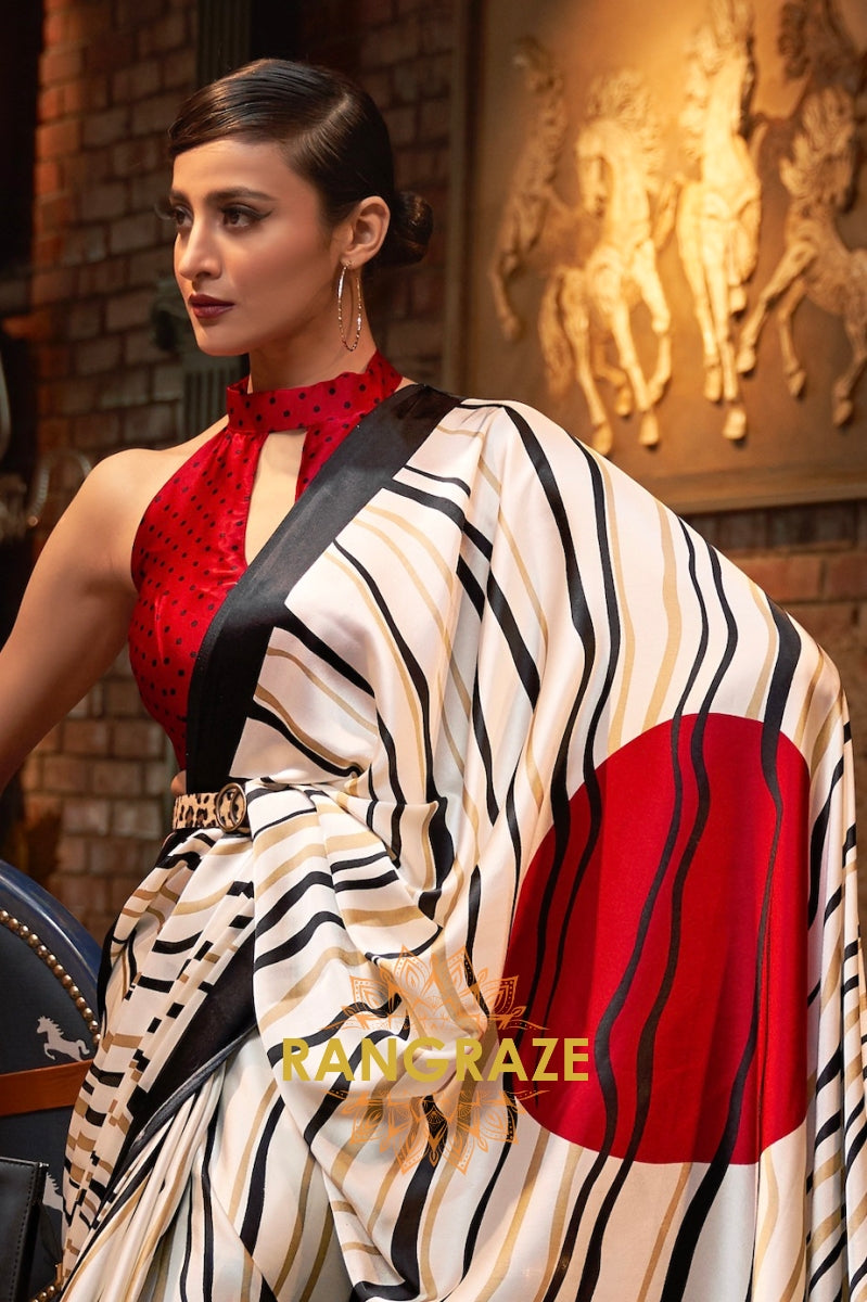 Black White Striped Satin Silk Printed Saree