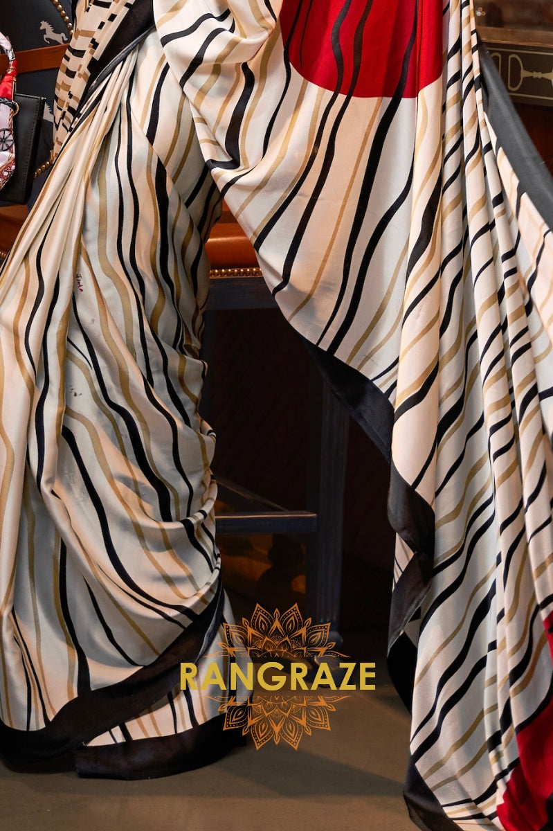Black White Striped Satin Silk Printed Saree