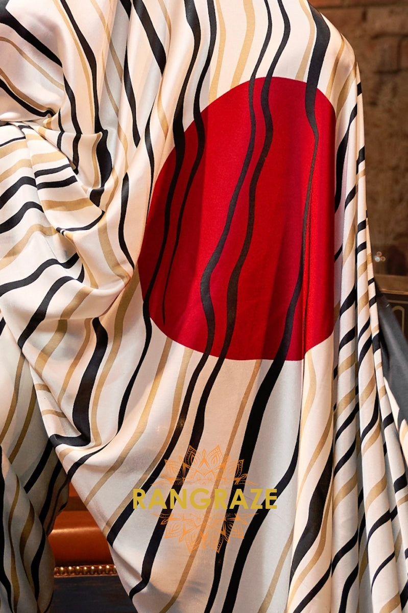 Black White Striped Satin Silk Printed Saree