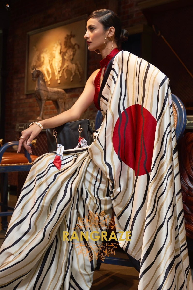 Black White Striped Satin Silk Printed Saree