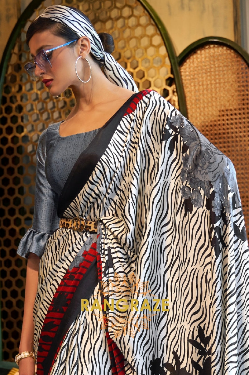 Shades Of Beige Satin Silk Printed Saree