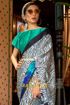 Beige Radiant Blue Satin Silk Printed Saree