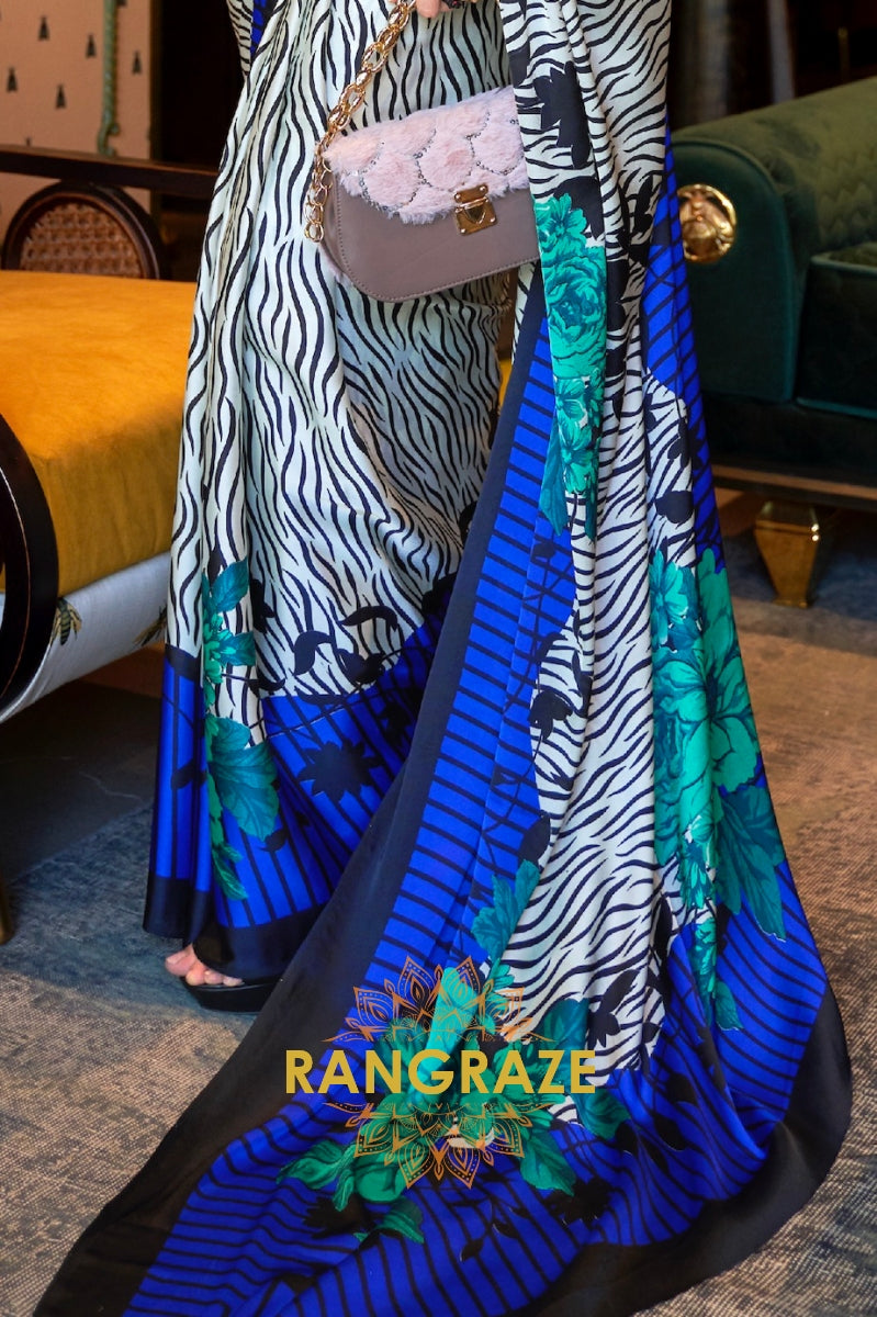 Beige Radiant Blue Satin Silk Printed Saree