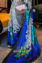 Beige Radiant Blue Satin Silk Printed Saree