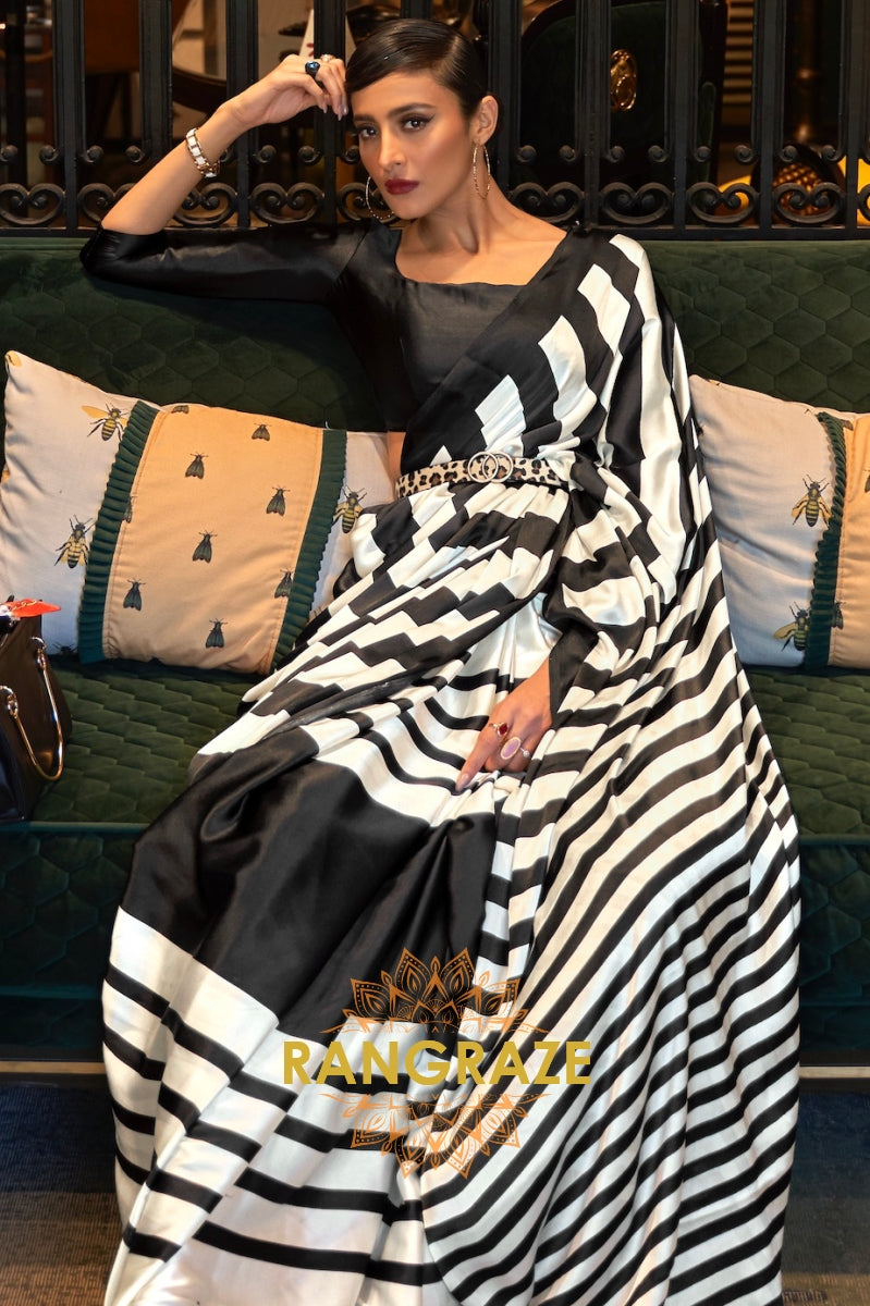 Striped White And Black Satin Silk Printed Saree