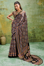 Black Ajrakh Print Modal Satin Saree