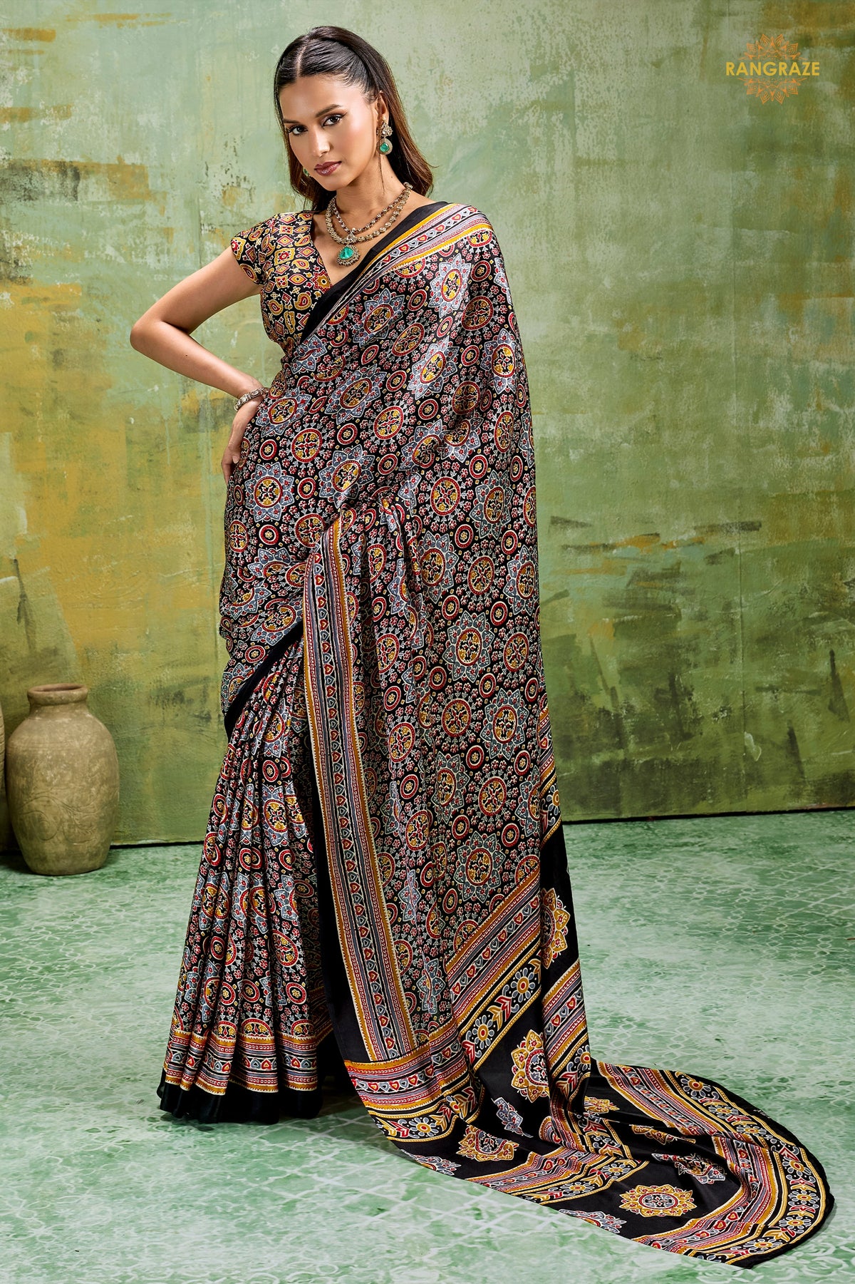 Black Ajrakh Print Modal Satin Saree