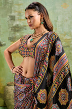 Black Ajrakh Print Modal Satin Saree