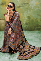 Black Ajrakh Print Modal Satin Saree