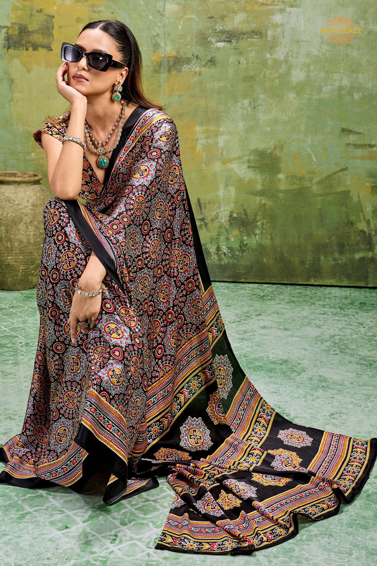 Black Ajrakh Print Modal Satin Saree