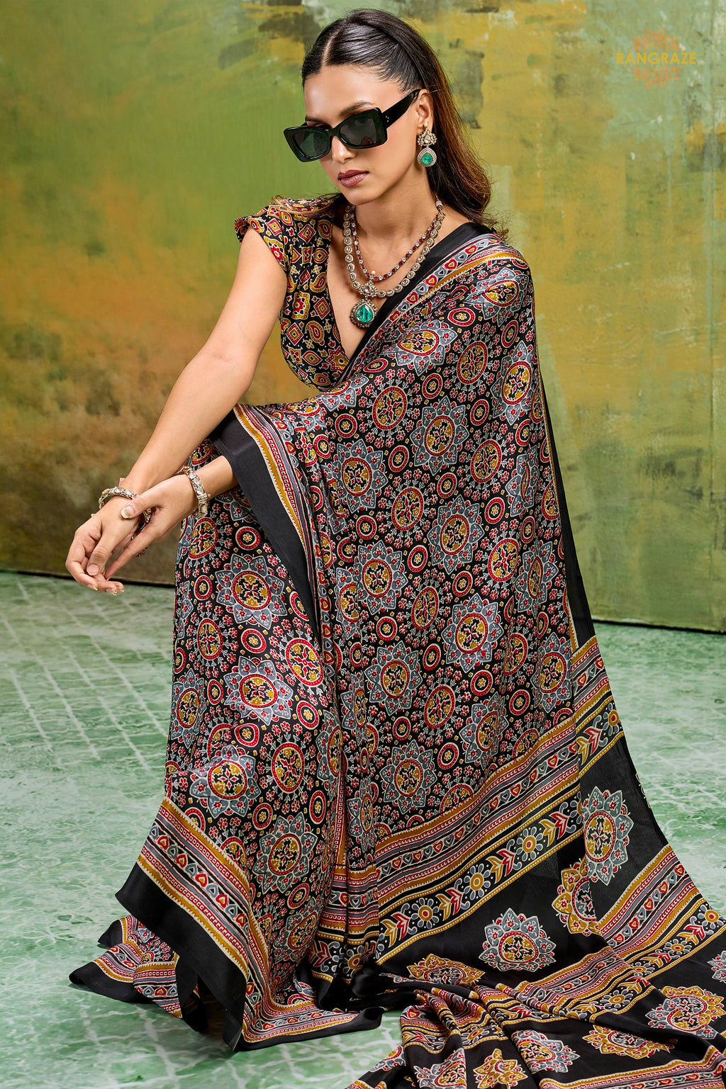 Black Ajrakh Print Modal Satin Saree