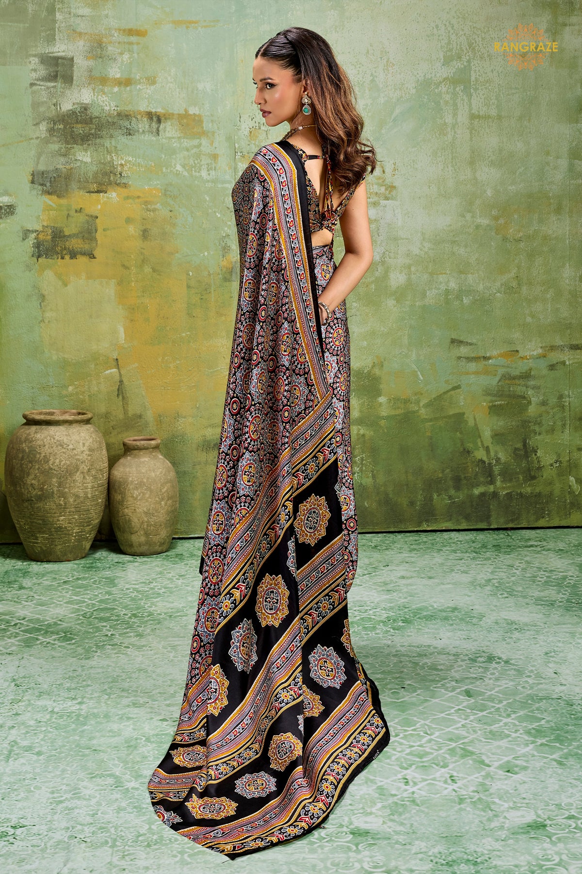 Black Ajrakh Print Modal Satin Saree