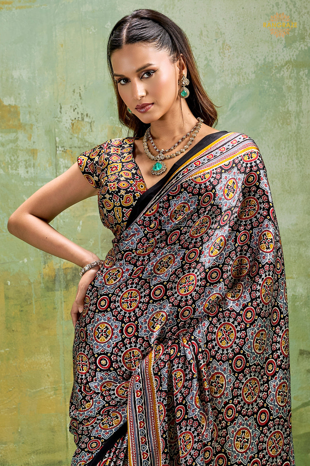 Black Ajrakh Print Modal Satin Saree