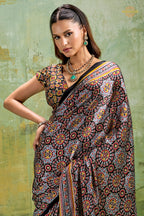 Black Ajrakh Print Modal Satin Saree