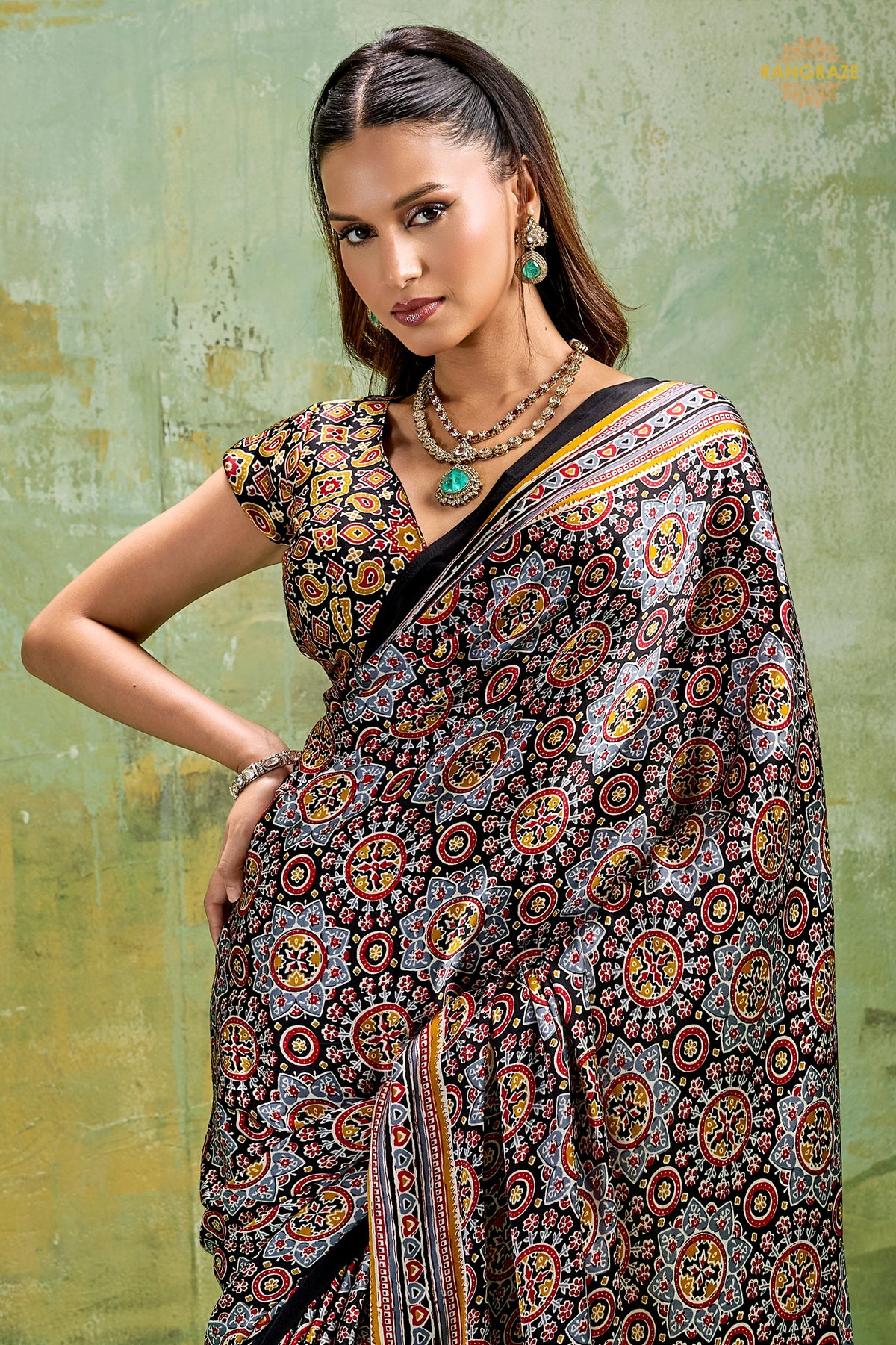 Black Ajrakh Print Modal Satin Saree