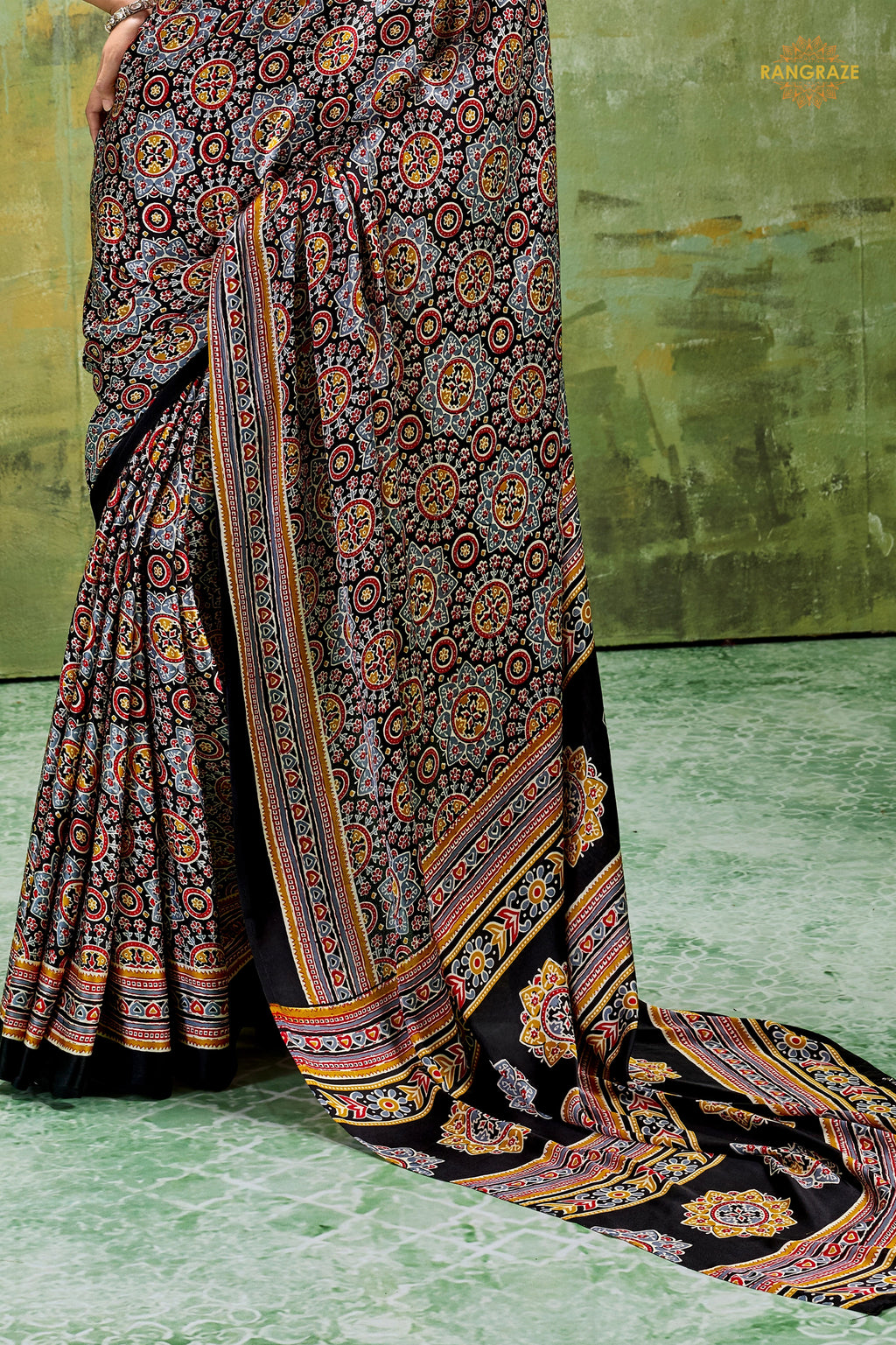 Black Ajrakh Print Modal Satin Saree