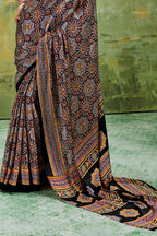 Black Ajrakh Print Modal Satin Saree